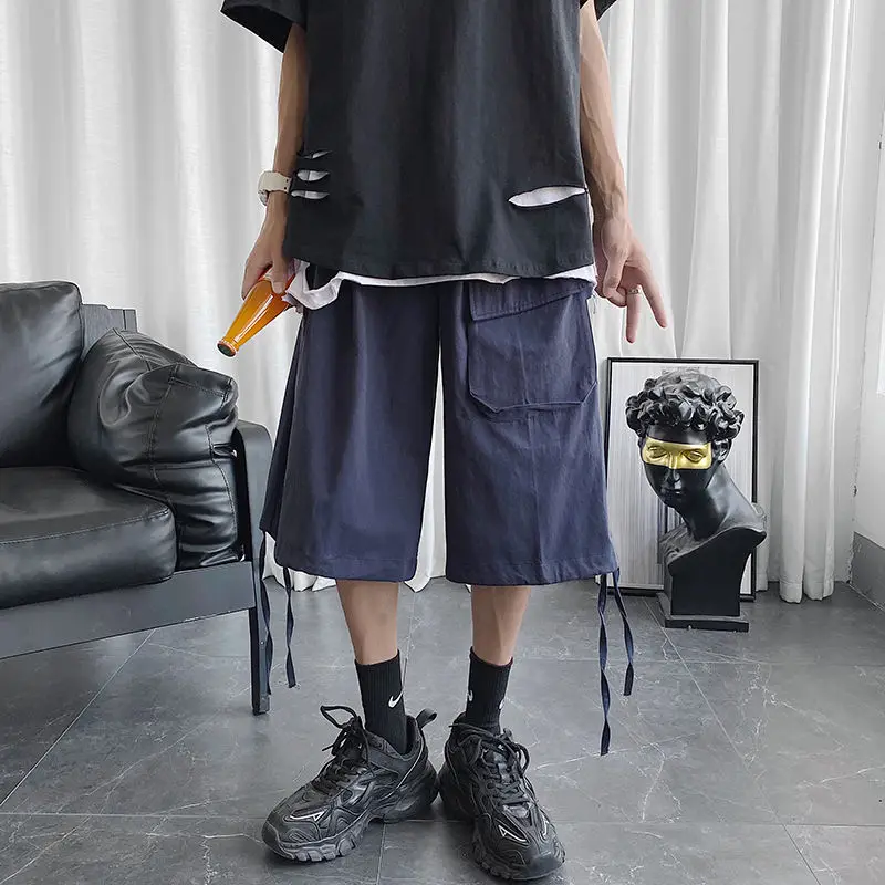 

2020 Summer New Youth Popular Couple Solid Color Tooling Drawstring Five-point Pants Fashion Casual Wild Straight Pants
