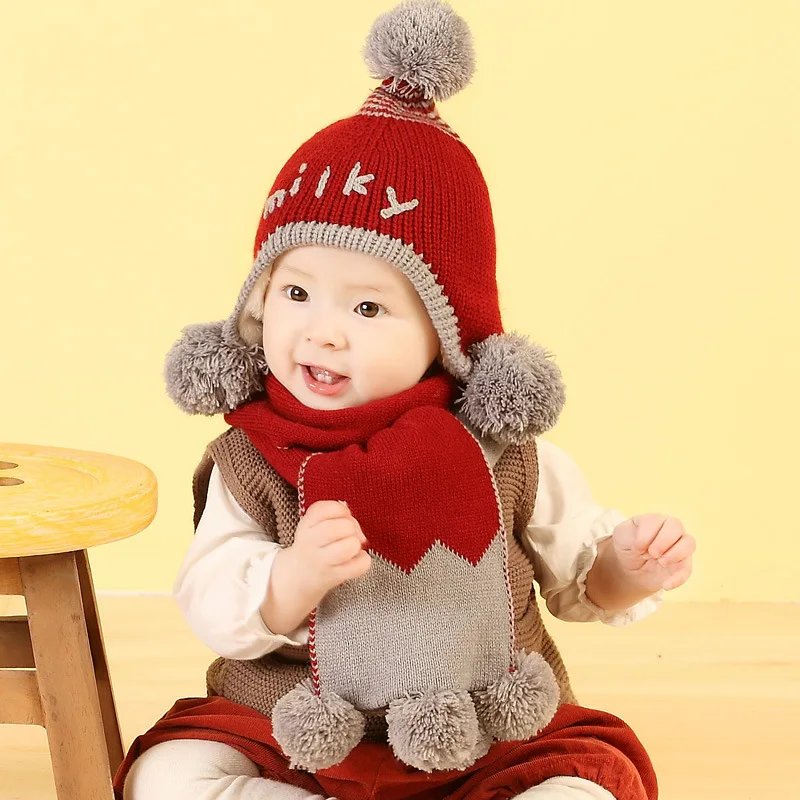 Детский набор из шапки и шарфа для детей 1-4 лет, Осень-зима, новая шерстяная шапка для маленьких мальчиков и девочек - Цвет: Красный