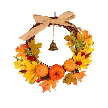 

Artificial Pumpkin Maple Leaves Wreath With Bell Autumns Harvest Thanksgiving Day Decoration Garland Front Door Wall Hanging New