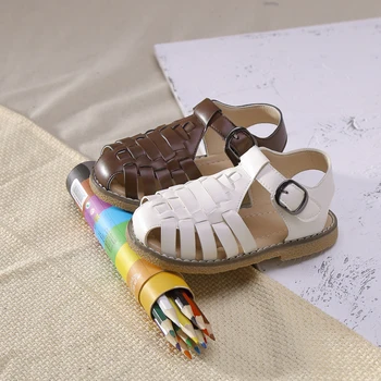 

Sandals For Summer fashion Children Girl Roman style Flat Sandals Boy Outdoor Leather Woven Beach Shoes Covered-toes SGF059