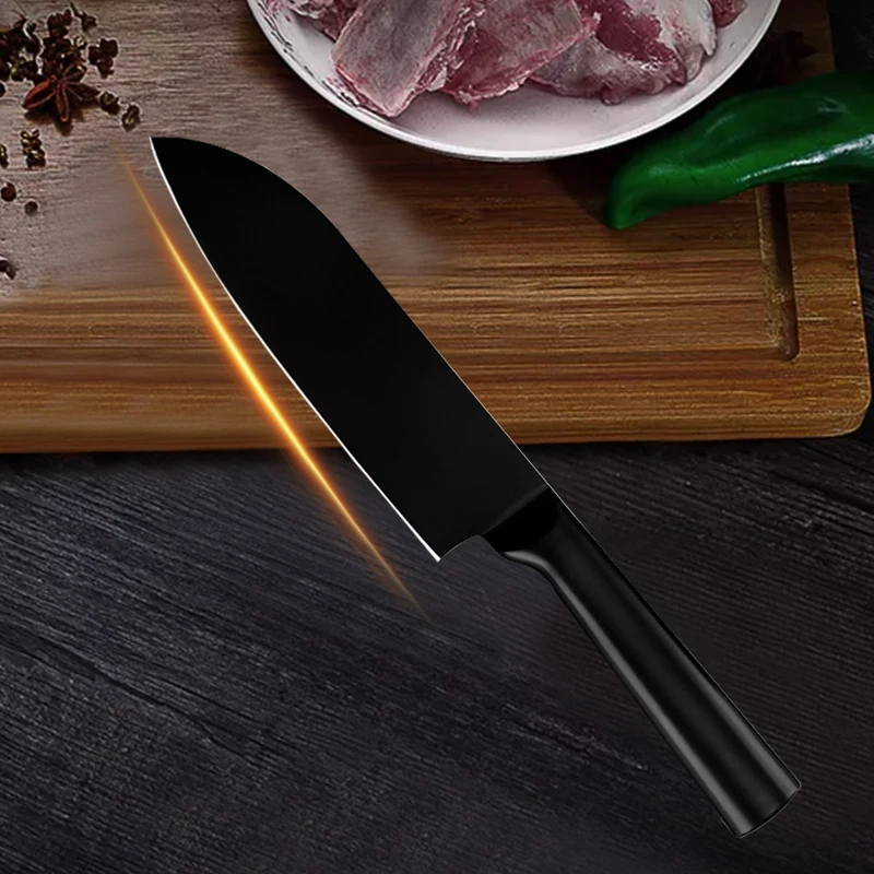 XYJ набор кухонных ножей японский " Santoku 5" Универсальный 6," нож шеф-повара Держатель ножей из нержавеющей стали черное лезвие инструменты для приготовления пищи