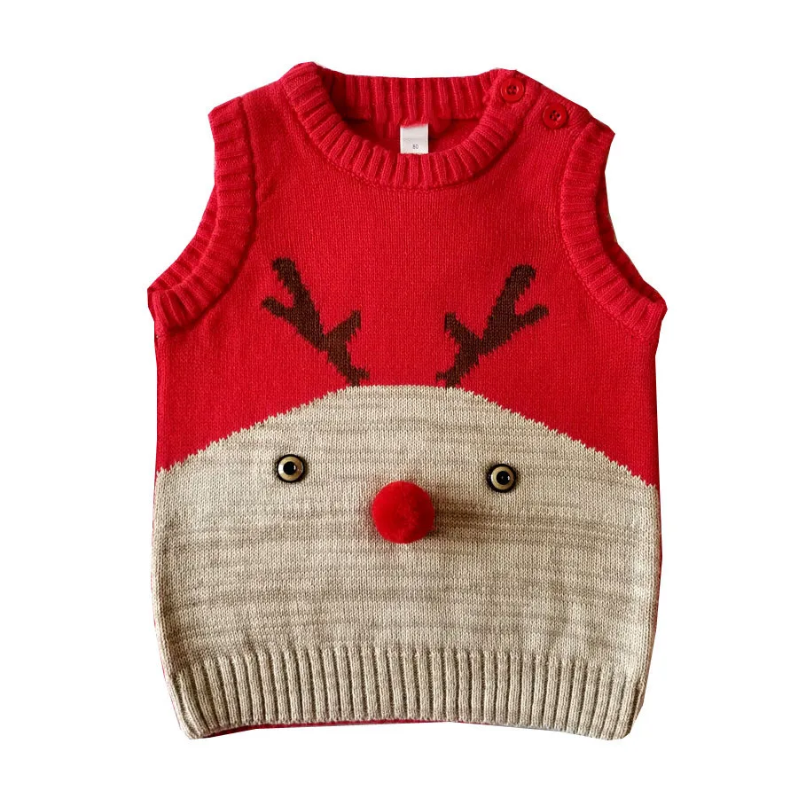 Милый зимний свитер с рождественским оленем для маленьких мальчиков, вязаный мягкий теплый жилет, повседневный Повседневный комфортный жилет для маленьких девочек
