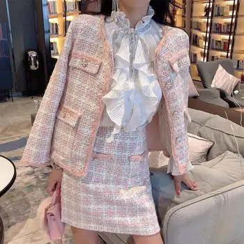 

2020 Elegant Ladies Pink Outfits Vintage O Neck Tweed Jacket Female+Pockets A Line Plaid Skirt Spring 2 Piece Women Matching Set
