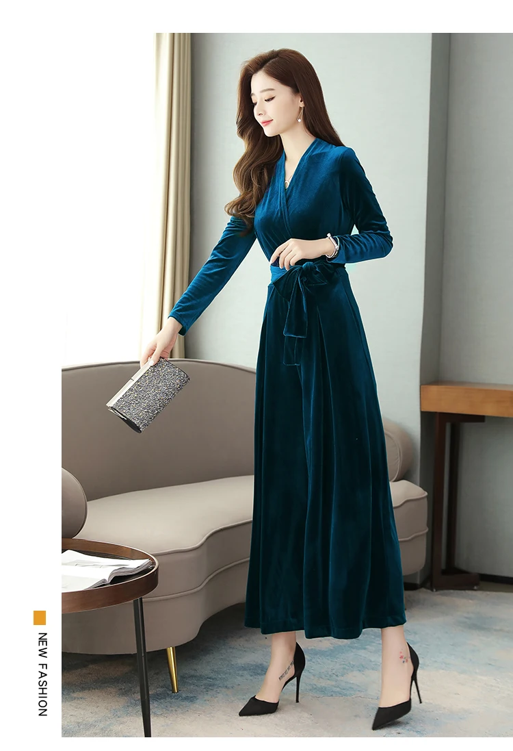 long sleeve velvet jumpsuit women winter Runway elegant black V Neck plus size wide leg sashes maxi floor length romper