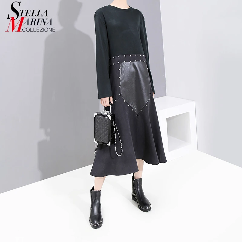 2019 Женское зимнее стильное длинное черное платье с вставками из искусственной