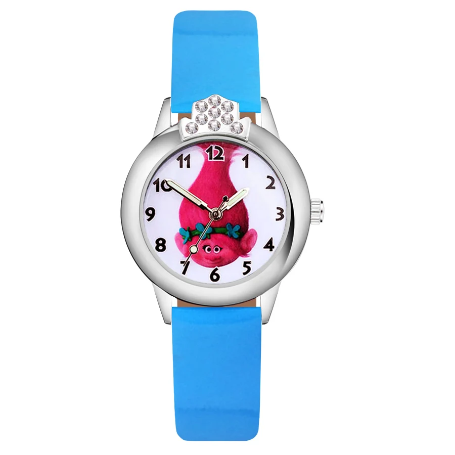 Sky Blue Детские часы с милыми мультяшными троллями, с кристаллами, Детские кварцевые наручные часы с кожаным ремешком для девочек, JK38 - Цвет: Sky Blue