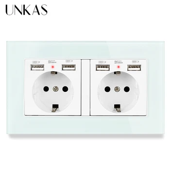 

UNKAS Green Pink Tempered Crystal Glass Panel 2 Gang EU Standard Socket With Charge Port Hidden Soft LED Indicator Outlet