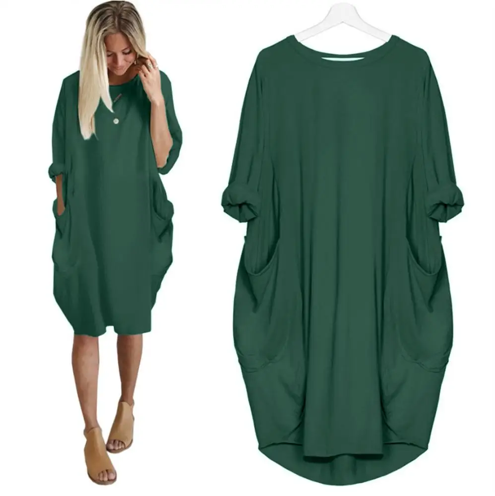 Dark green 5XL размера плюс, осенние женские платья с карманами, свободное платье для девушек, вырез лодочкой, повседневные Длинные Топы для девушек, платье, женская мода, большие платья - Цвет: Dark green