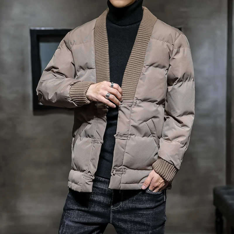 Winter New Jacket Men's Warm Thick Fashion Solid Color V-neck Casual Coat Man Streetwear Wild Loose Cotton Parka Men Clothes - Цвет: khaki