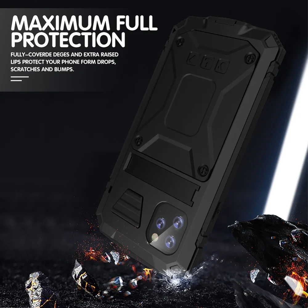 For iPhone 11 Pro Max XS XR XS Max X Metal Aluminum Armor Shockproof Heavy Duty Waterproof Case protective Cover+Tempered glass (4)