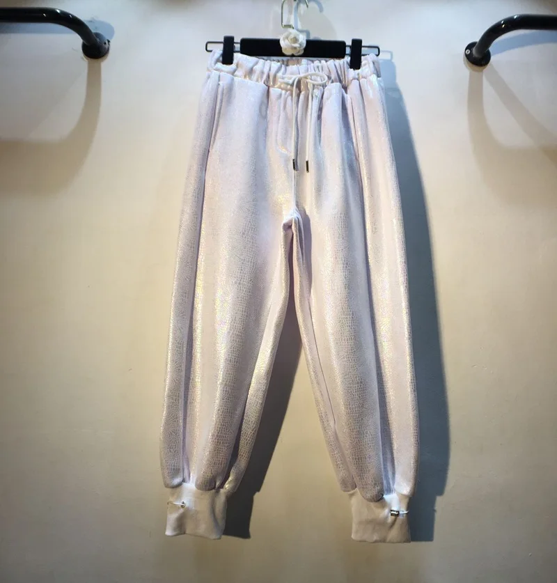 WHITNEY WANG,, Зимняя мода, уличная одежда, с завязками на талии, мерцающие флисовые штаны для бега, женские повседневные брюки, штаны-шаровары