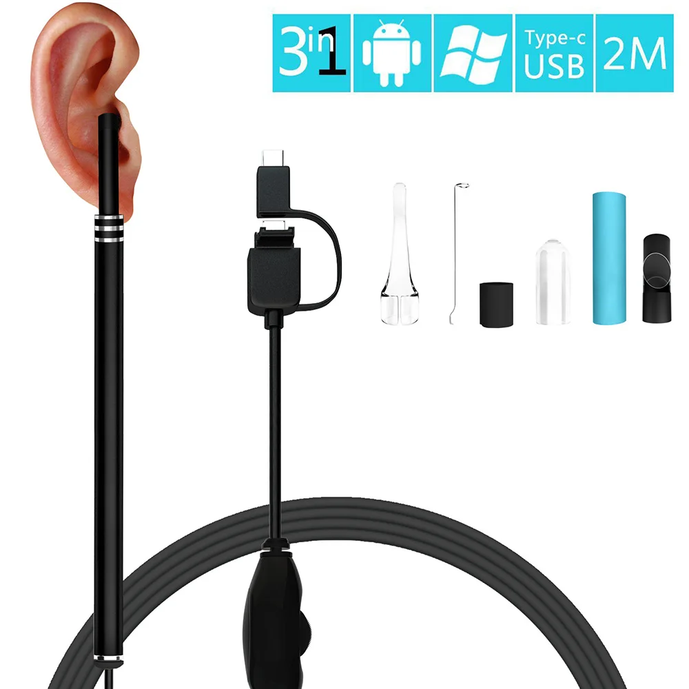 

5.5mm 3 In 1 Ear Cleaner Camera Android Endoscope Camera Usb Otoscope Borescope Type-c 2m Ear Otoscope Medical Ear Picker