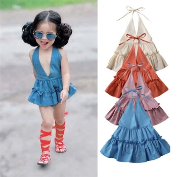 

0-24M Summer Lovely Infant Baby Girl Romper Dress Clothes Ruffles Solid Sleeveless Belt Deep V Neck Jumpsuit Outfits Sunsuit