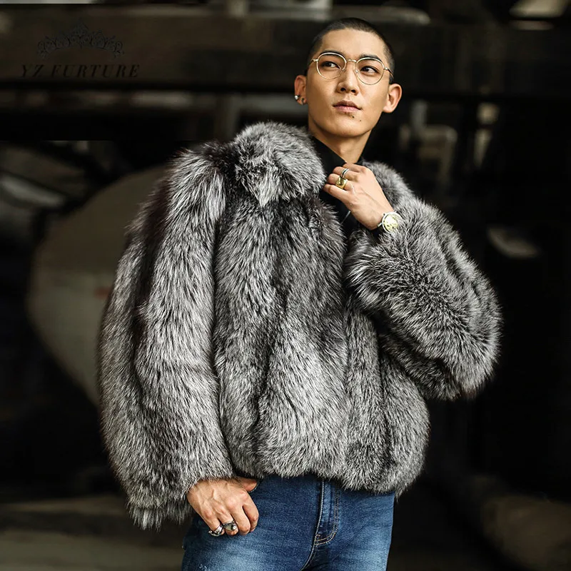 Real Natural Sliver Fox Fur Coat Men 