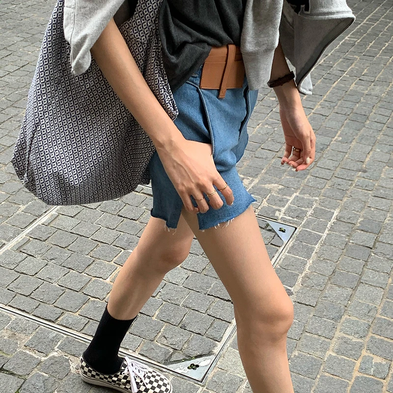 QOERLIN Retro Ripped Denim Shorts Leather Patchwork Summer Beach Sexy Hot Shorts Asymmetric Short Mini Jeans Shorts