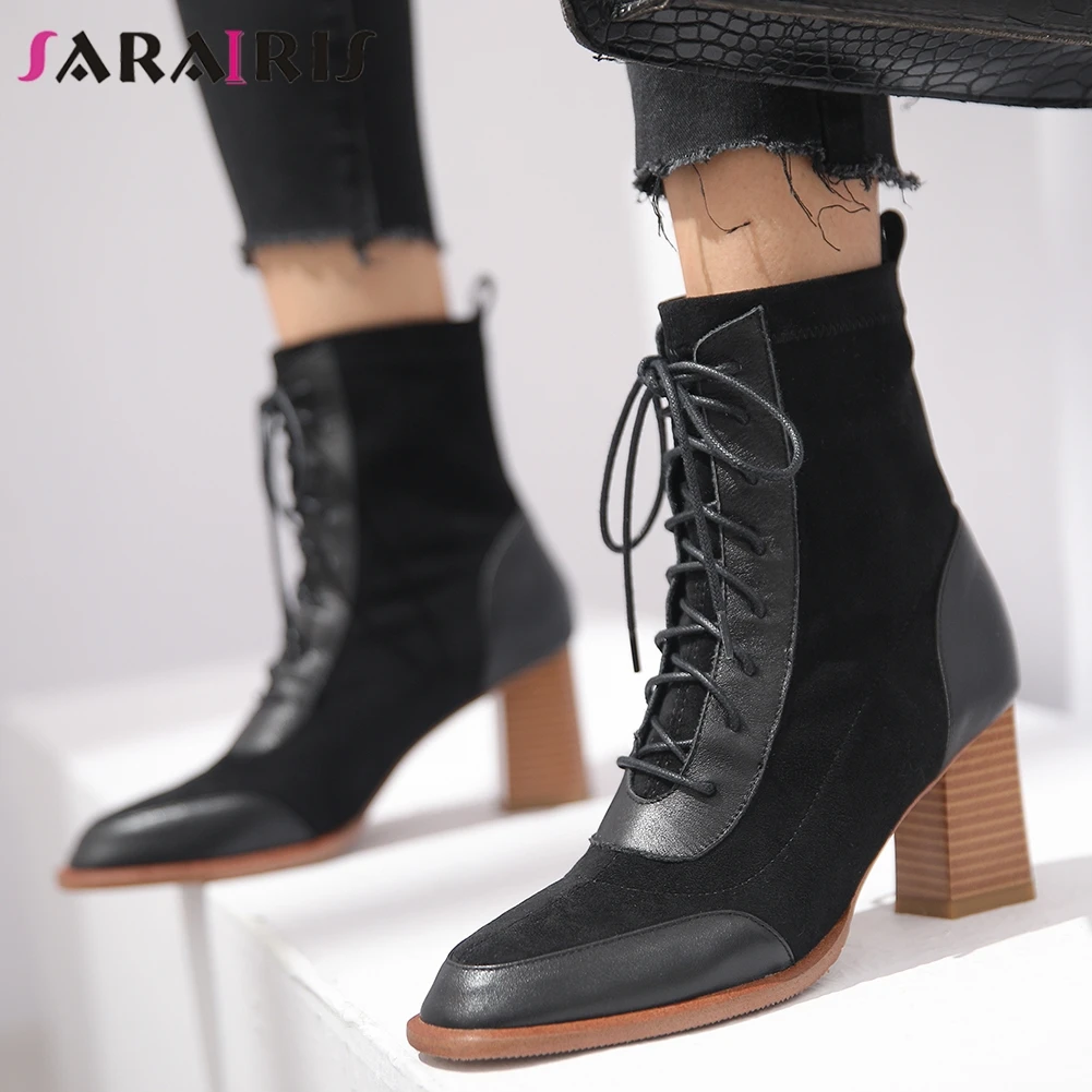 

SARAIRIS New Office Lady Elegant Brand Boots Ladies Genuine Leather Ankle Boots Women Lace Up Square High Heels Shoes Woman