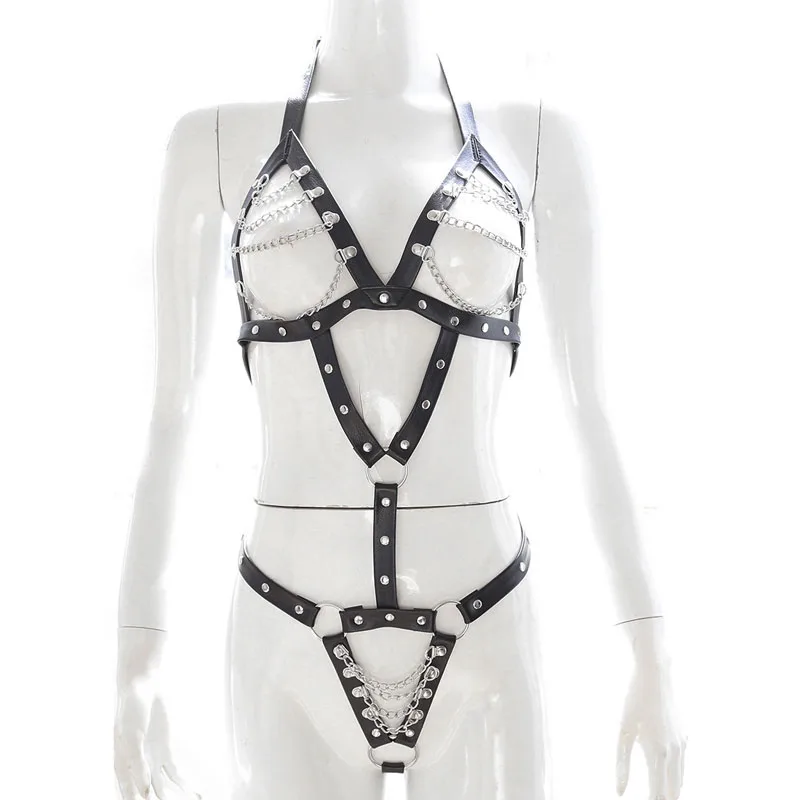 

Sexy Lady Bodysuit Clubwear Faux Leather Strap Body Harness Halter Teddies with Metal Chained Bra and Crotch Pole Dance Costume