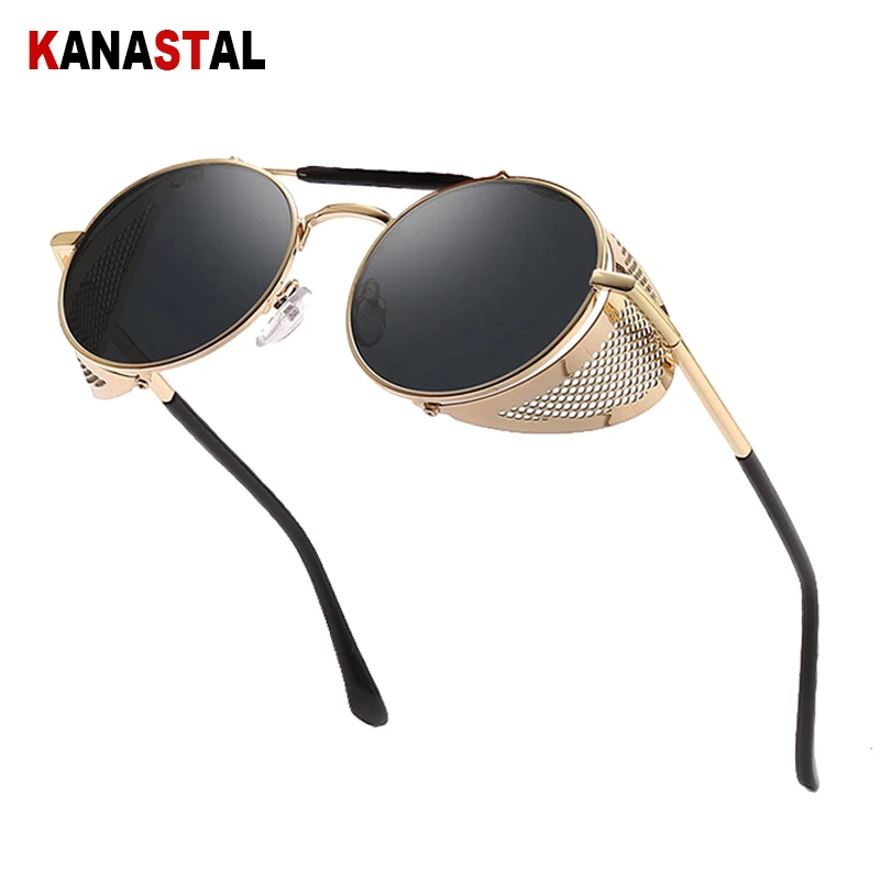 Round Steampunk Sunglasses with Side Shields Metal Frame Circle Mirror Lens Eye Glasses Goggles for Men Women 