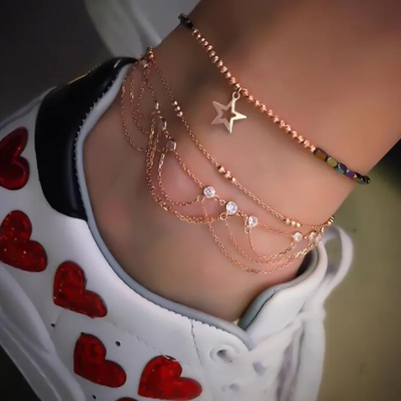 

Docona 3pcs/sets Bohemian Gold Anklets for Women Fashion Hollow Star Clear Crystal Stone Foot Chain Beach Summer Jewelry 8143