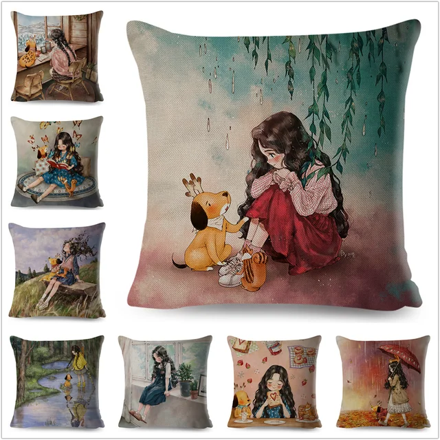 Colorful Cute Cartoon Girl and Pet Dog Fairy Tale World Pillowcase Decor for Sofa Home Pillow Case Polyester Cushion Cover 1
