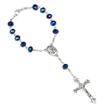 

QIGO Blue Crystal Rosary Bracelet Cross Women Catholic Jewelry Gifts