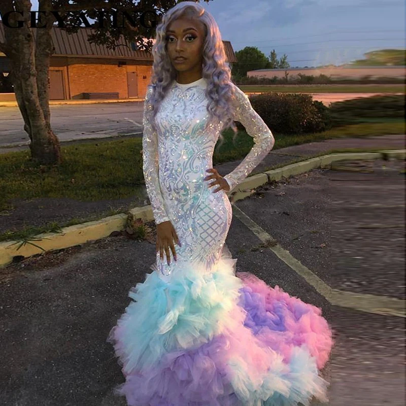 Prom Black And Rainbow Dress Rainbow Sequin Halter V Neck Mermaid