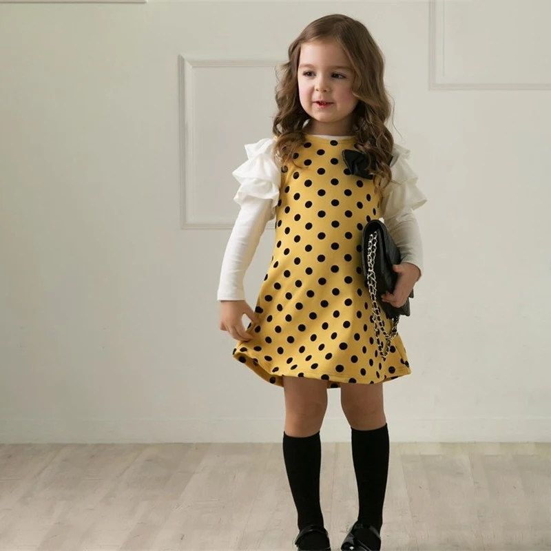 Осенне-зимняя детская одежда, Повседневное платье в горошек с длинными рукавами для маленьких девочек, детское платье принцессы для девочек