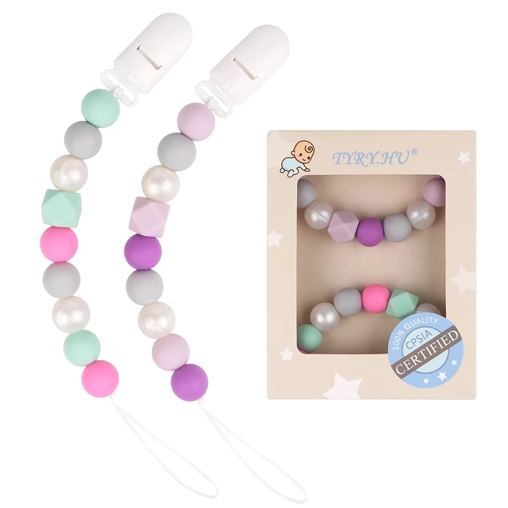 

TYRY.HU 2Pcs/set Silicone Pacifier Chain Baby Teether BPA FREE Silicone Pacifier Clips Baby Shower Gift Teether Chain 2in1