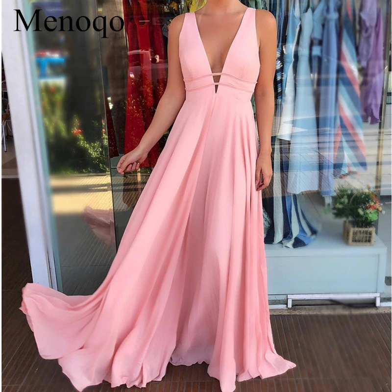 

2019 Charming Pink Long Evening Dresses Sexy Sleeveless Deep V-Neck Backless Prom Gowns A-Line Evening Party Dress P40AU15