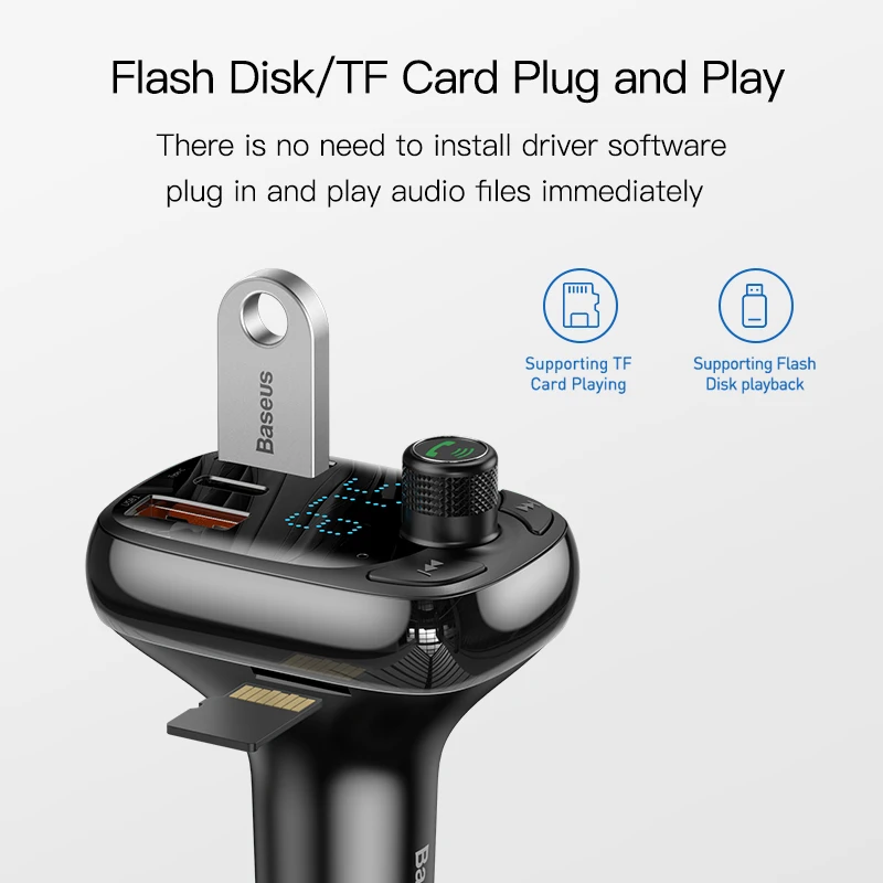 Online Baseus Quick Charge 4.0 3.0 USB Car Charger QC QC4.0 Bluetooth FM Transmitter Car Kit For iPhone 11 Pro Max 5A Fast PD Charger