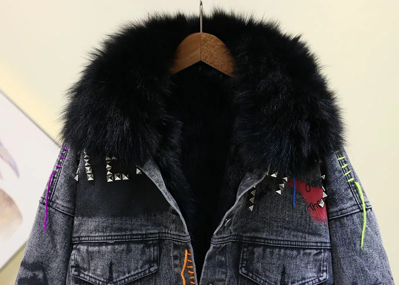 Зимняя женская куртка, Воротник из натурального меха кролика, подкладка из меха кролика, джинсовая куртка для женщин, пальто, толстые джинсы с рисунком «граффити», куртка для женщин, уличная одежда