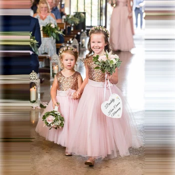 

Sparkly Sequins Flower Girl Dresses Pink Tulle Round Neck Handmade Flower Waist Belt A-line First Cummunion Gowns платья 2019