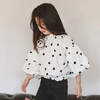 

lantern sleeve dot blouse baby big girls cotton long sleeve autumn shirts kids tops clothing children girls white school blouse
