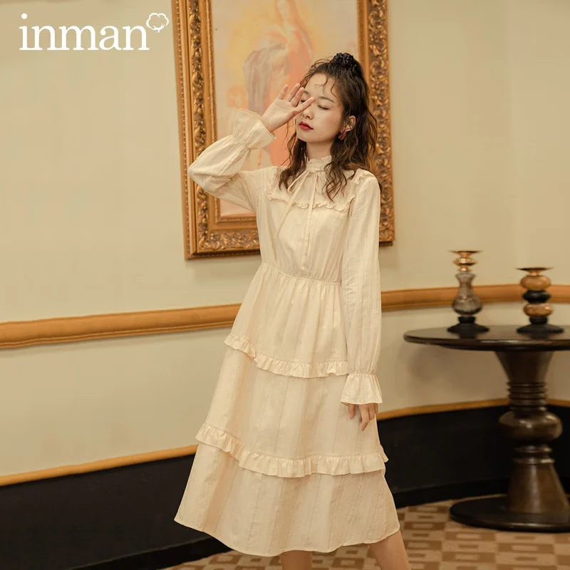 INMAN 2020 Autumn Winter New Arrival Lolita French Style Ruffled Splicing Long Sleeve Dress