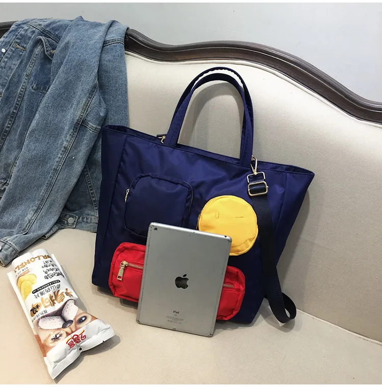 Новинка, стильная женская сумка-тоут со смайликом, ткань Оксфорд, Большая вместительная сумка через плечо для покупок, спортивная сумка для спортзала, настраиваемая