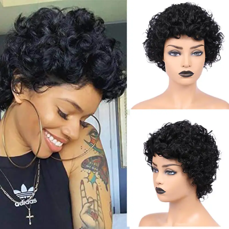 FAVE парик с короткими волосами Pixie Cut парик бразильский Remy человеческих волос парики для женщин океан волнистый парик высокой плотности дропшиппинг приемлемый - Цвет волос: Natural Black