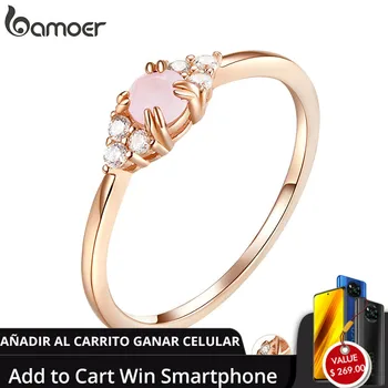 

bamoer Pink Crystal Finger Rings for Women Rose Gold Color Authentic 925 Stelring Silver Band Ring Luxury Fine Jewelry SCR534