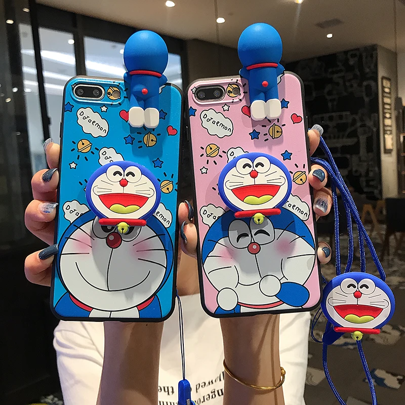 

Cute 3D Cartoon Doraemon Lanyard Bracket Phone Case for iPhone 11 Pro XS Max 6 6s 7 8 Plus X XR Case Anime Soft Silicone cover