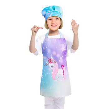 

Kids Apron Chef Hat Set Cute Rainbow Unicorn Apron for Girls Kids Artists Aprons with Adjustable Neck Strap for 3-8 Years