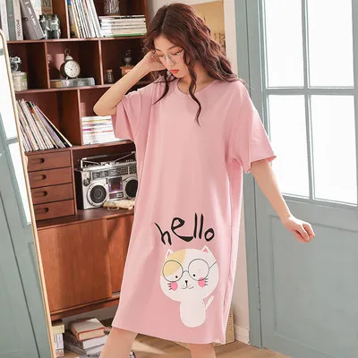 Платье для сна, Женская хлопковая Ночная сорочка с короткими рукавами, летняя ночная рубашка, нижнее белье с милым Кроликом, повседневная одежда для отдыха, пижама, XXXL
