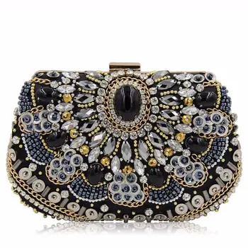 

19x11CM Retro Beaded And Diamond Dinner Bag Women's Banquet Clutch Bag Black Jewel Bag Handmade Embroidery a6905