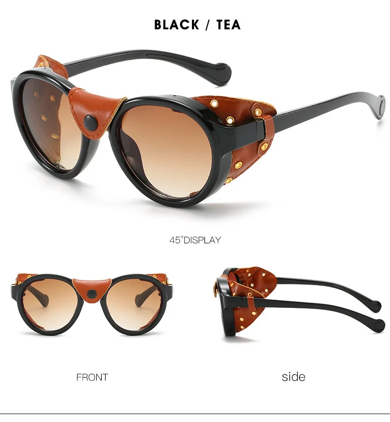 Мужские круглые солнцезащитные очки унисекс в стиле стимпанк, брендовые дизайнерские женские кожаные очки с заклепками, солнцезащитные очки для женщин и мужчин, крутые оттенки