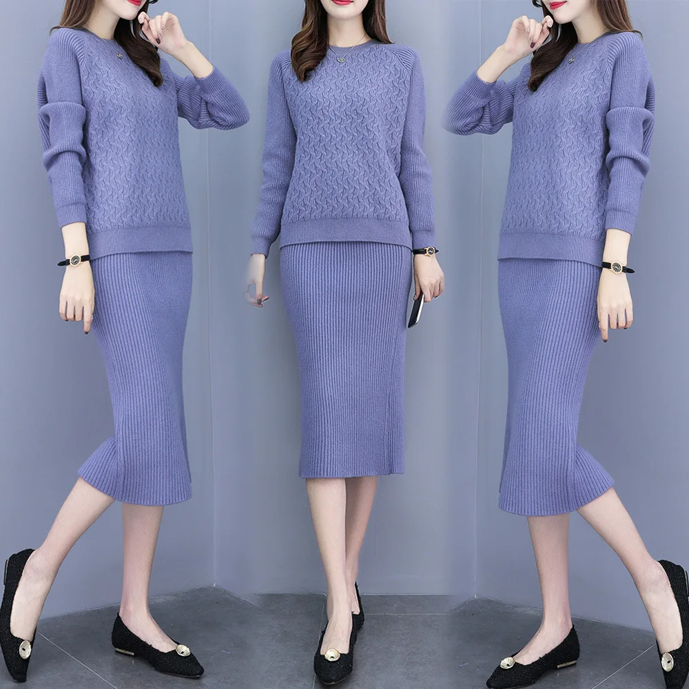 

2019 Autumn And Winter New Style Korean-style Outer Wear Sweater Skirt Women's Fashion Set Two-Piece Set Base Jersey Dress