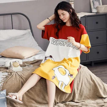 

INS Online Celebrity Korean-style Nightgown Cartoon Cute Crew Neck Pullover Spring and Summer Short Sleeve Pajamas Women's Home