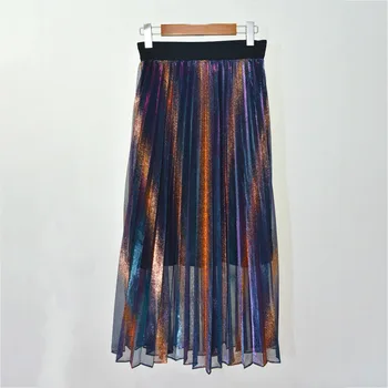 

Women Skirt 2019 Spring and Summer New Elastic Waist Color Gradient Mesh Pleated Skirt