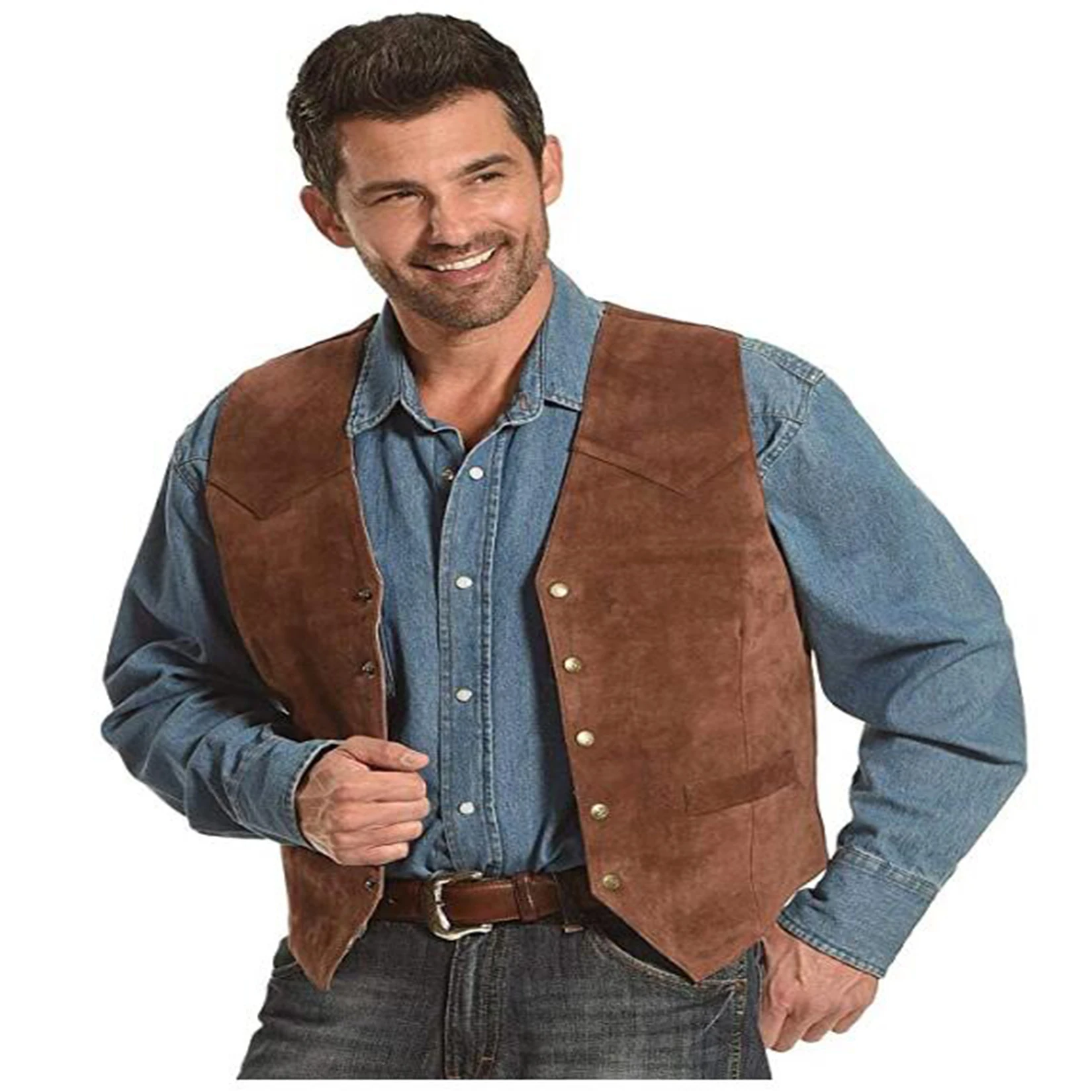 Gilet En Daim Pour Homme Marron – Col En V, Coupe Droite, Style Vintage Rétro Pour Costume Ou Loisirs