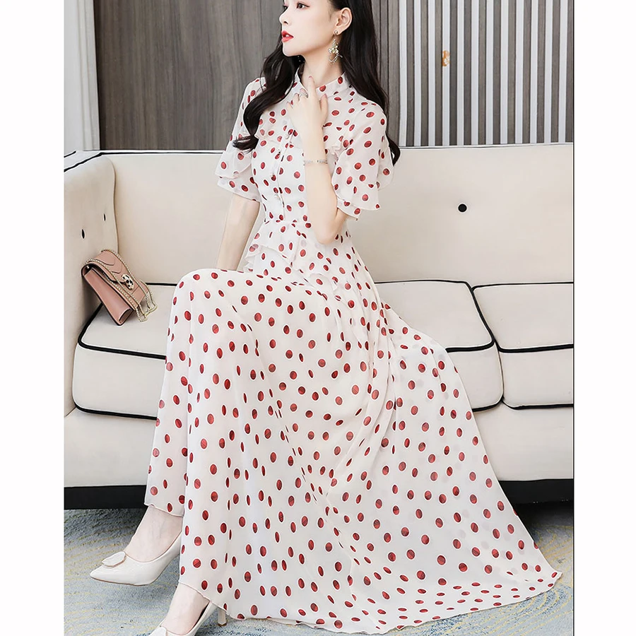 2020 Spring Summer Dot Chiffon Sweet Maxi Dresses 3XL Plus Size Vintage Runway Midi Dresses Elegant Women Bodycon Party Vestidos 2020 Spring Summer Dot Chiffon Sweet Maxi Dresses 3XL Plus Size Vintage Runway Midi Dresses Elegant Women Bodycon Party Vestidos