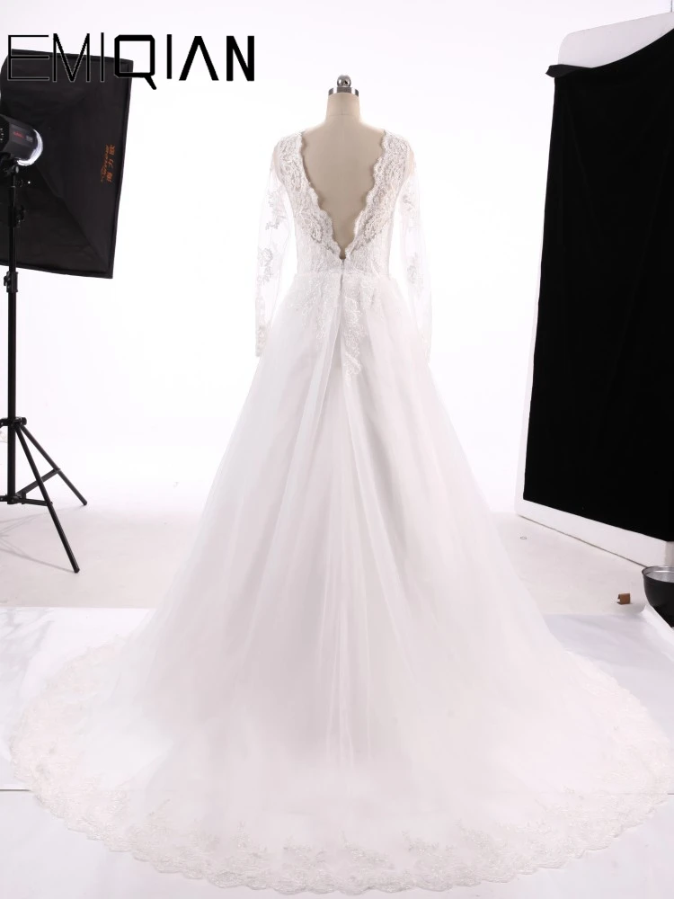 Великолепный Тюль v-образным вырезом A-Line Свадебные платья с кружевной аппликацией с длинными рукавами свадебное платье