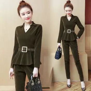 

Autumn And Winter Office Lady Two Piece Set Top And Pants Pullover V-neck Costumes For Women Elegant Year-old Female Costume