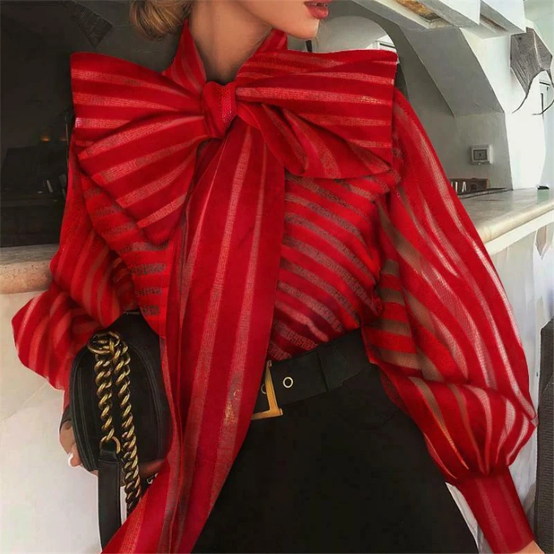 Women Mesh Sheer Striped Blouse See-through Long Sleeve Top Shirt Fashion Elegant Big Bowknot Black Red Shirt Female Blusas Women Mesh Sheer Striped Blouse See-through Long Sleeve Top Shirt Fashion Elegant Big Bowknot Black Red Shirt Female Blusas
